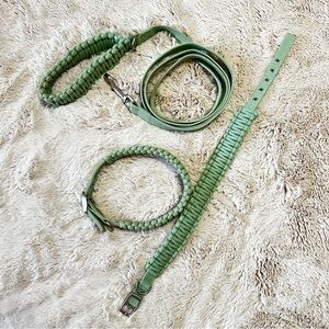 sage green woven M sized pup collars (2) and 5ft matching leash